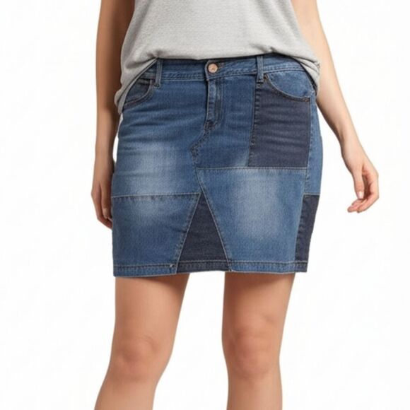 INC Stretch Denim Jean Patchwork Short Skirt Womens 10 - Picture 1 of 5